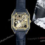 Super Clone Cartier Santos Dumont Skeleton Yellow Gold Blue Band Micro Rotor